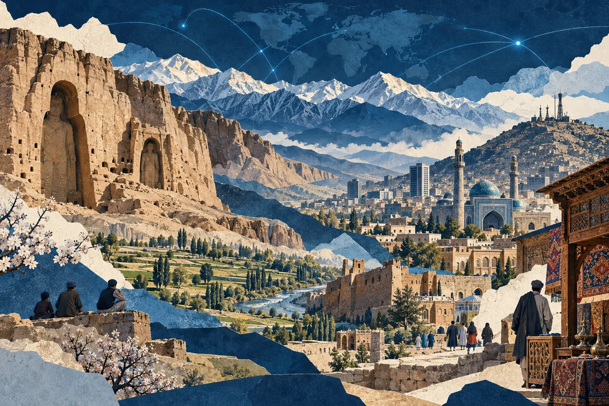 Illustrated collage of Afghanistan, inspired by Bamiyan, Kabul, Hindu Kush.