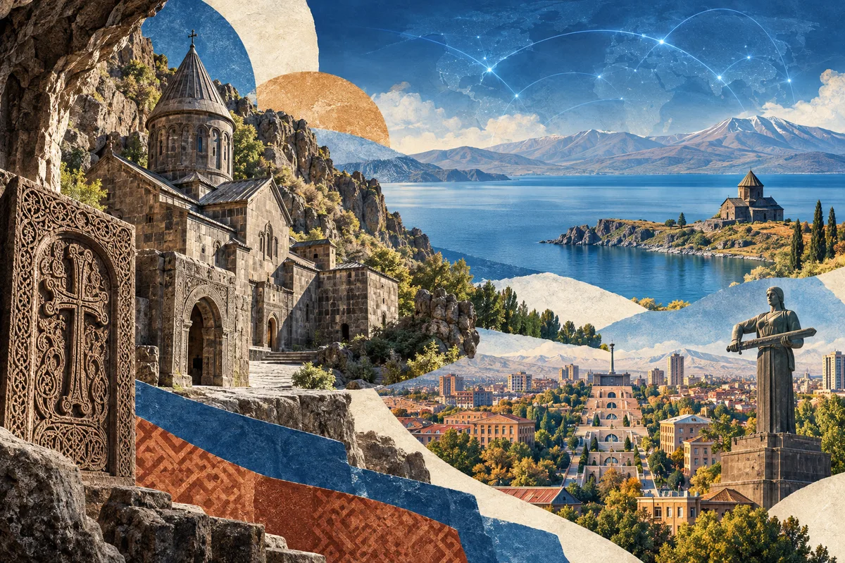 Illustrated collage of Armenia, inspired by Geghard, Yerevan, Lake Sevan.