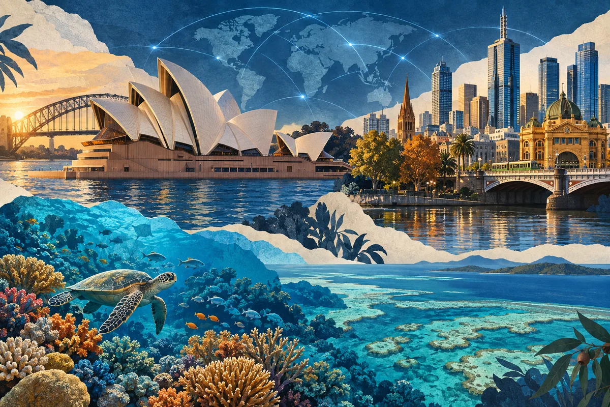 Illustrated collage of Australia, inspired by Sydney Opera House, Melbourne, Great Barrier Reef.