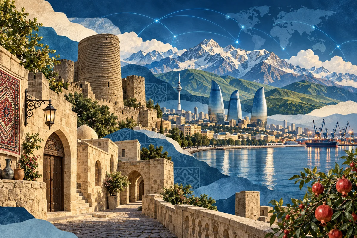 Illustrated collage of Azerbaijan, inspired by Old City (Baku), Baku, Greater Caucasus.