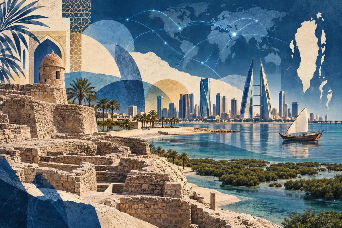 Illustrated collage of Bahrain, inspired by Qal'at al-Bahrain, Manama, Bahrain Island.