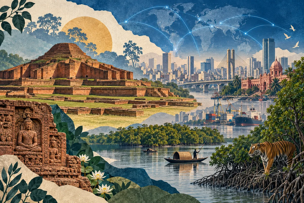 Illustrated collage of Bangladesh, inspired by Somapura Mahavihara, Dhaka, Sundarbans.