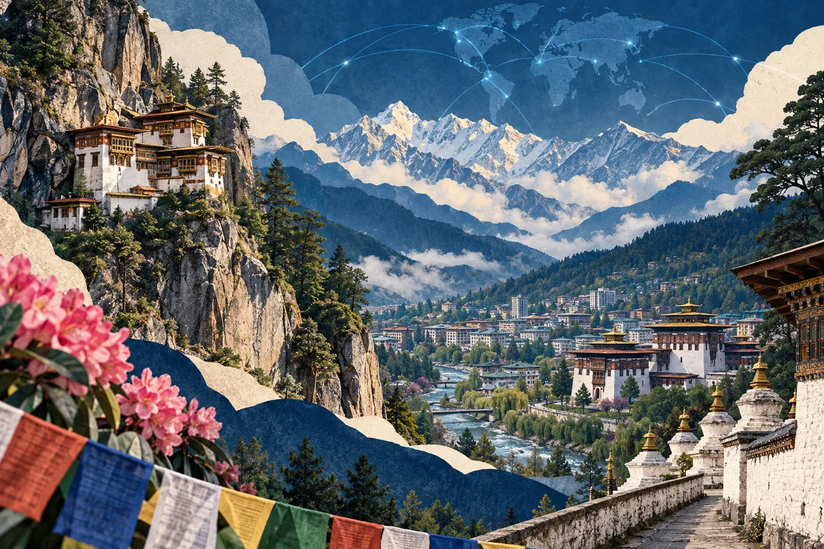Illustrated collage of Bhutan, inspired by Paro Taktsang, Thimphu, Eastern Himalayas.