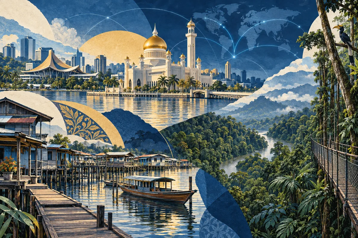 Illustrated collage of Brunei, inspired by Kampong Ayer, Bandar Seri Begawan, Ulu Temburong National Park.