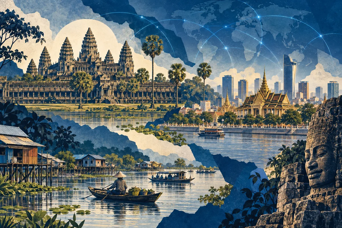 Illustrated collage of Cambodia, inspired by Angkor Wat, Phnom Penh, Tonlé Sap.