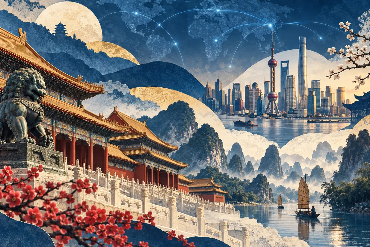 Illustrated collage of China, inspired by Forbidden City, Shanghai, Guilin.