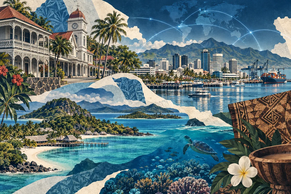 Illustrated collage of Fiji, inspired by Levuka, Suva, Mamanuca Islands.