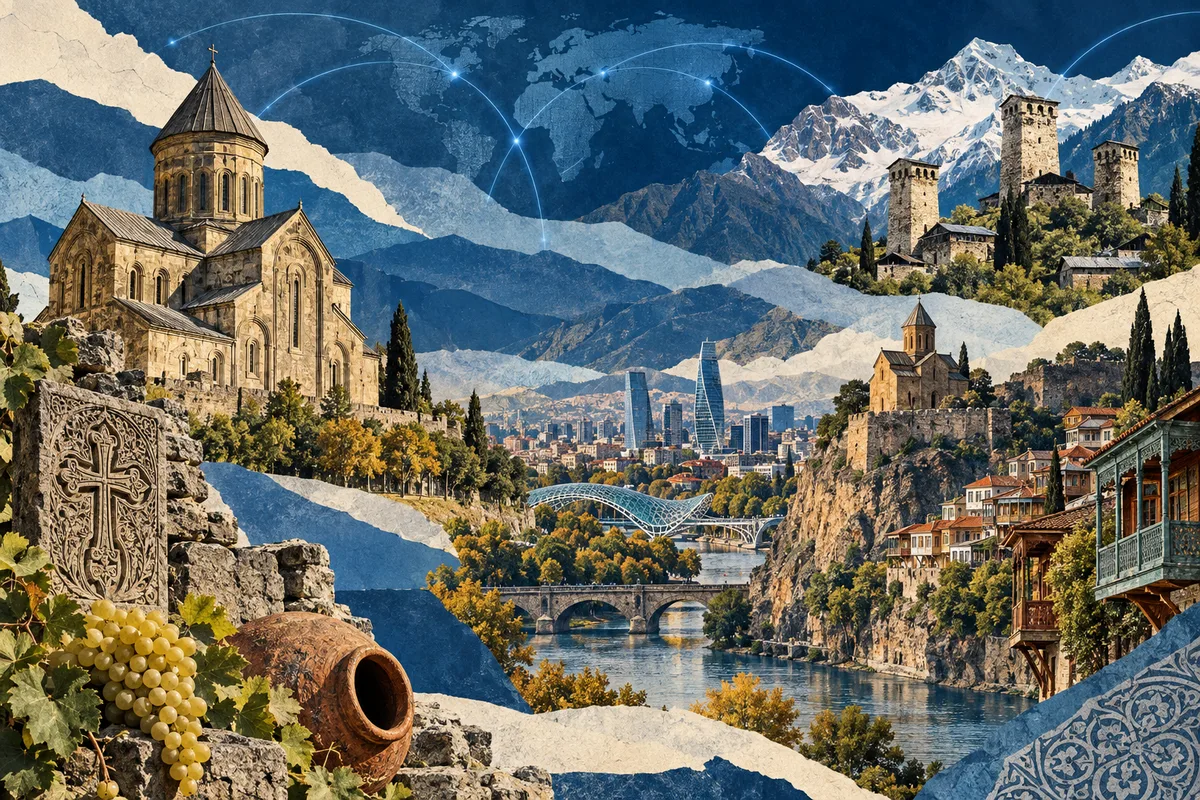 Illustrated collage of Georgia, inspired by Mtskheta, Tbilisi, Svaneti.
