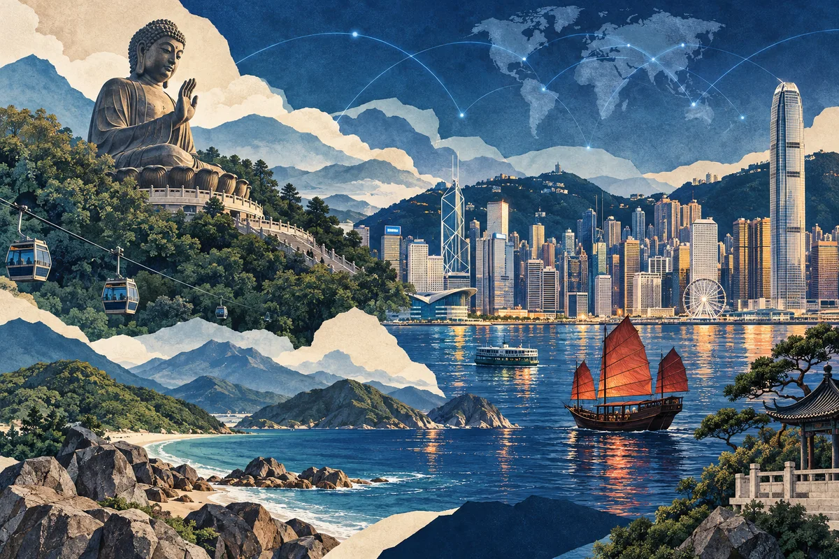 Illustrated collage of Hong Kong, inspired by Tian Tan Buddha, Victoria Harbour, Lantau Island.