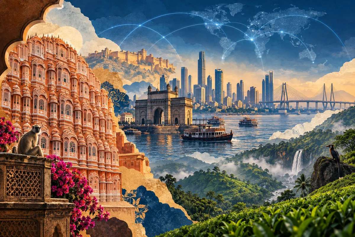 Illustrated collage of India, inspired by Hawa Mahal, Mumbai, Western Ghats.