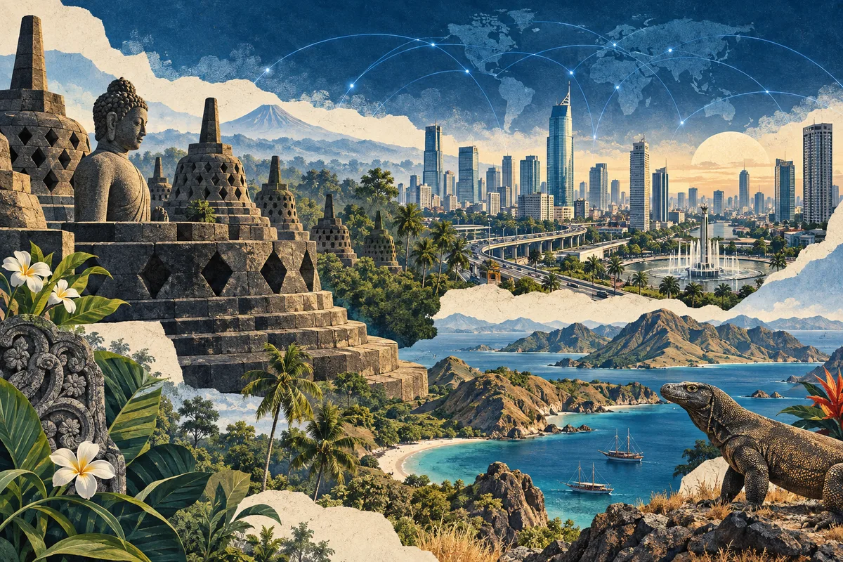 Illustrated collage of Indonesia, inspired by Borobudur, Jakarta, Komodo National Park.