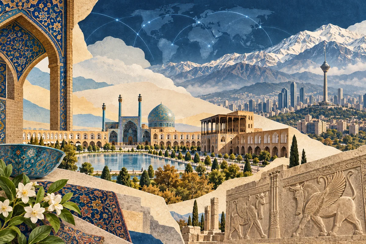 Illustrated collage of Iran, inspired by Naqsh-e Jahan Square, Tehran, Alborz.