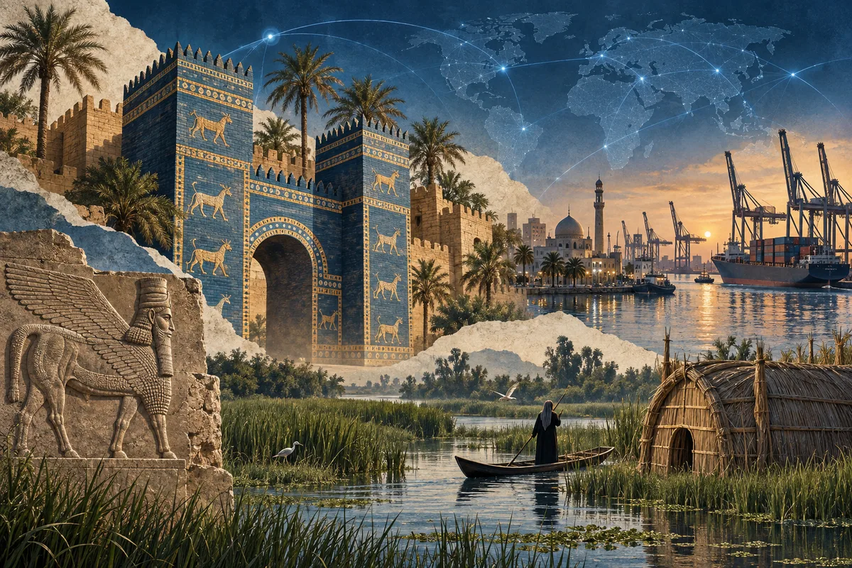 Illustrated collage of Iraq, inspired by Babylon, Basra, Mesopotamian Marshes.