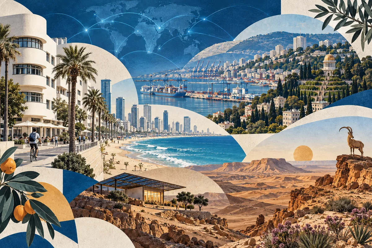 Illustrated collage of Israel, inspired by White City (Tel Aviv), Haifa, Negev.