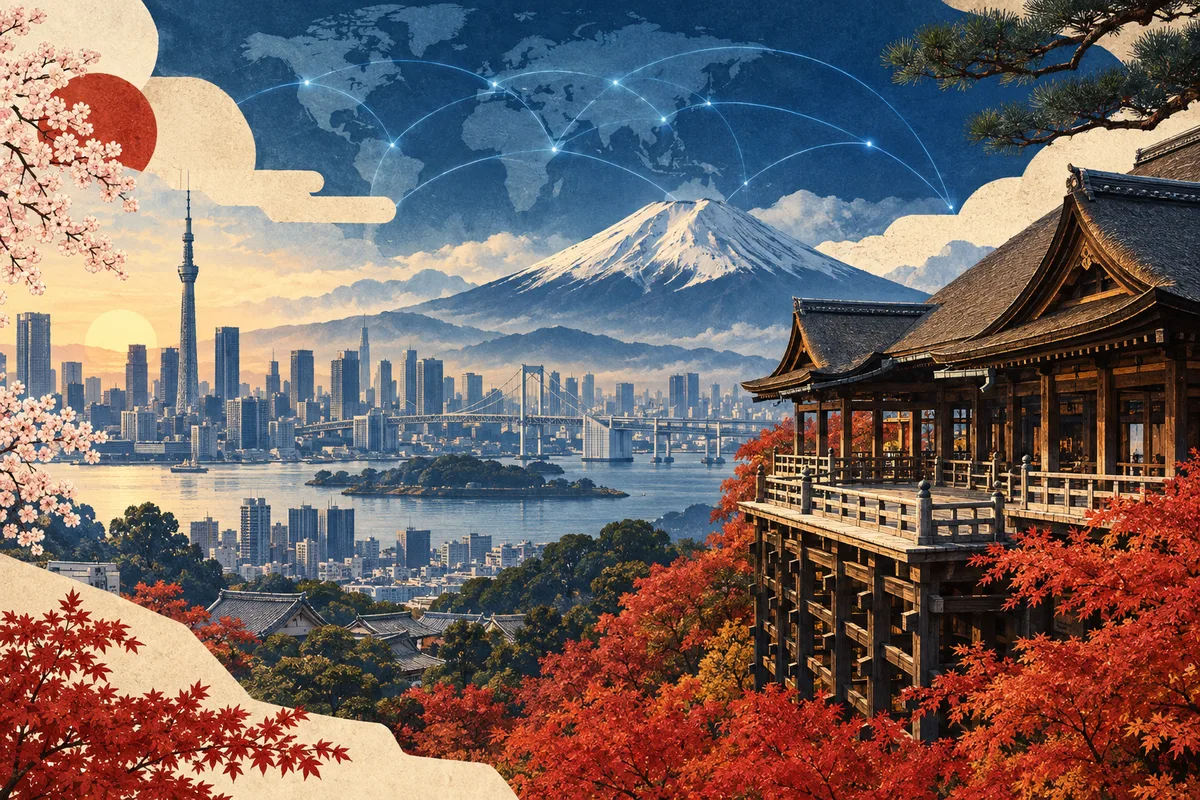 Illustrated collage of Japan, inspired by Kiyomizu-dera, Tokyo, Mount Fuji.