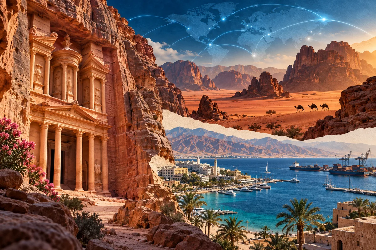 Illustrated collage of Jordan, inspired by Petra, Aqaba, Wadi Rum.