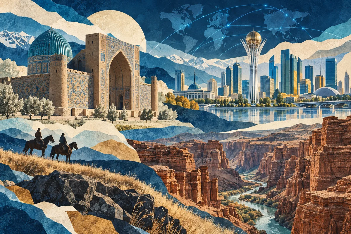 Illustrated collage of Kazakhstan, inspired by Mausoleum of Khoja Ahmed Yasawi, Astana, Charyn Canyon.