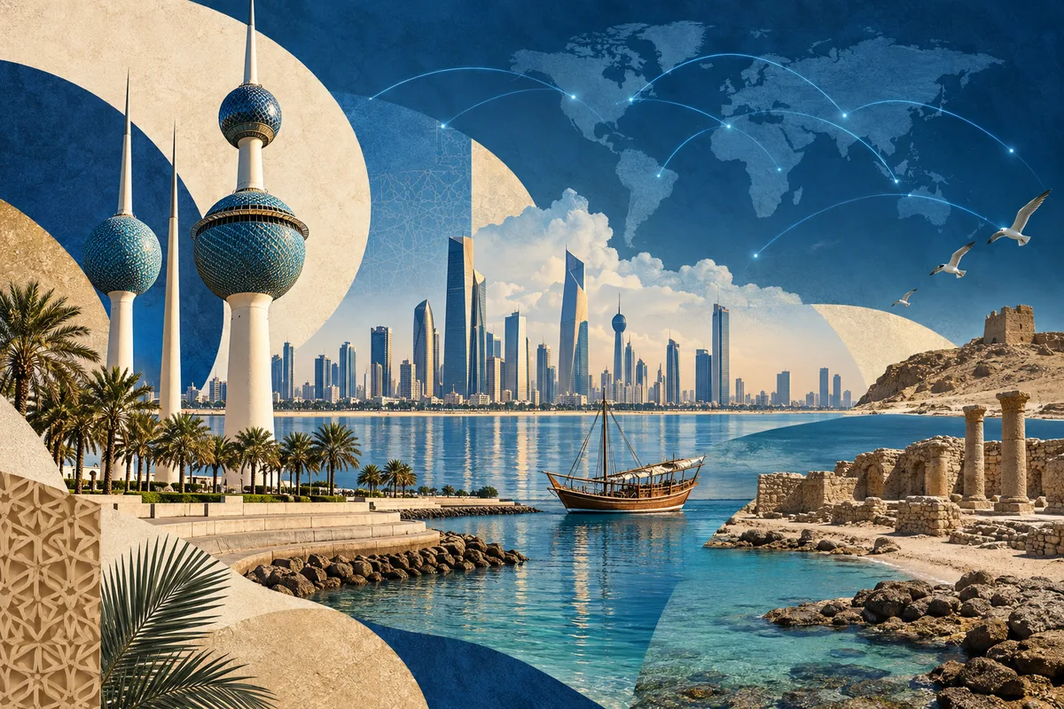Illustrated collage of Kuwait, inspired by Kuwait Towers, Kuwait City, Failaka Island.