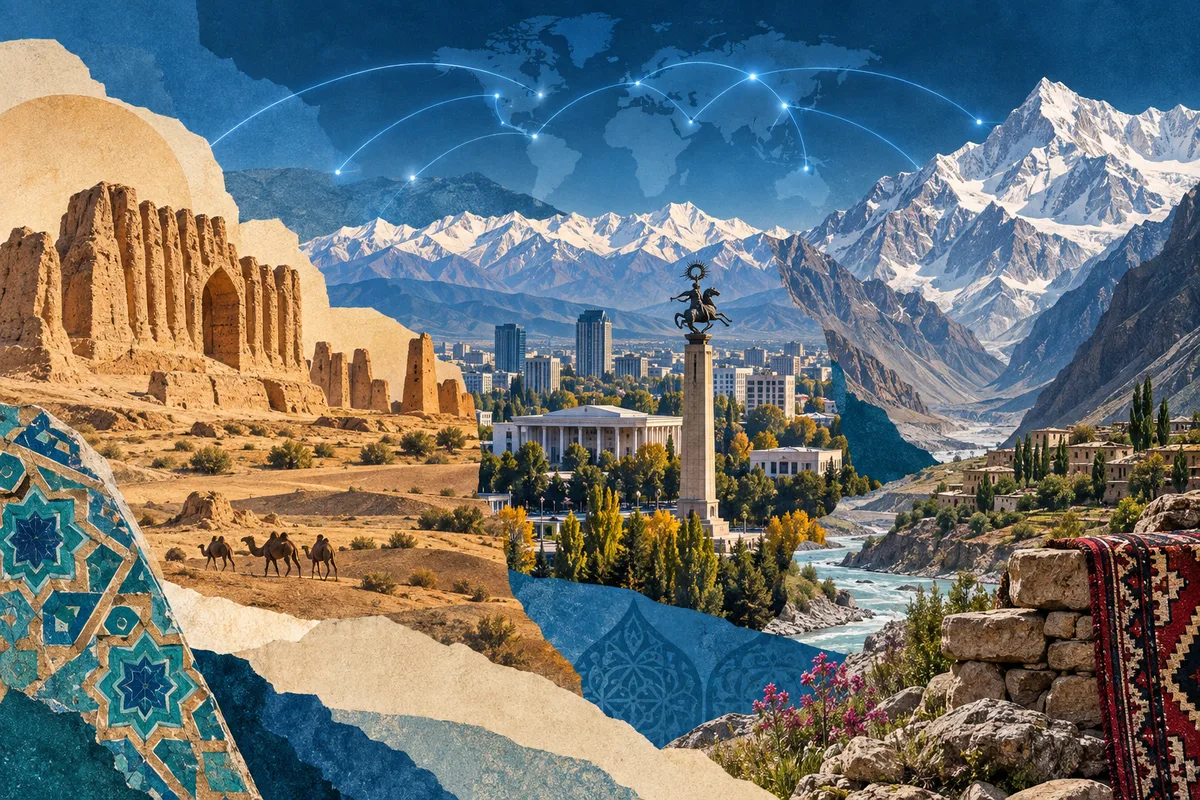 Illustrated collage of Kyrgyzstan, Tajikistan and Turkmenistan, inspired by Merv, Bishkek, Pamir Mountains.