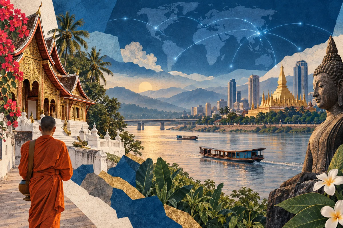 Illustrated collage of Laos, inspired by Luang Prabang, Vientiane, Mekong.