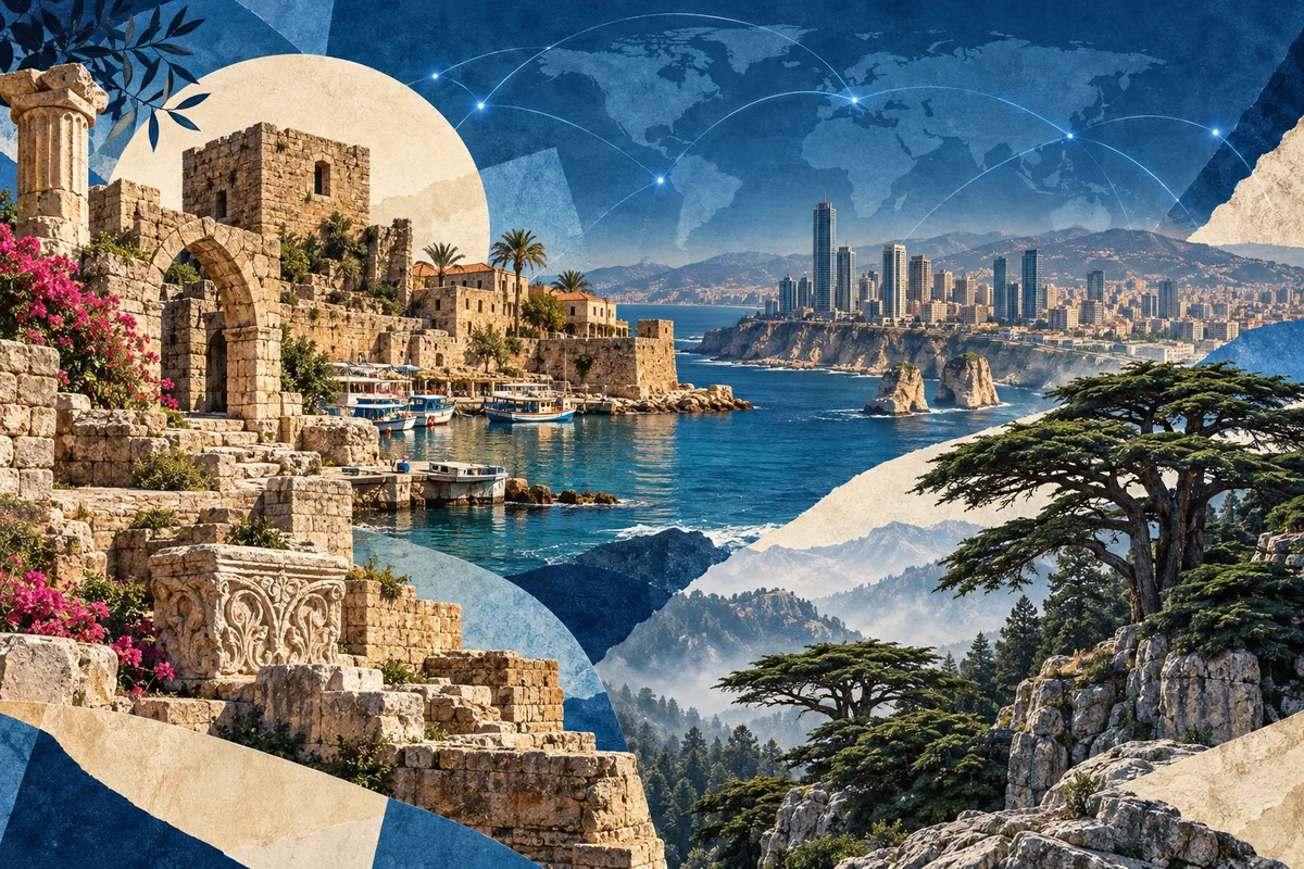 Illustrated collage of Lebanon, inspired by Byblos, Beirut, Cedars of God.