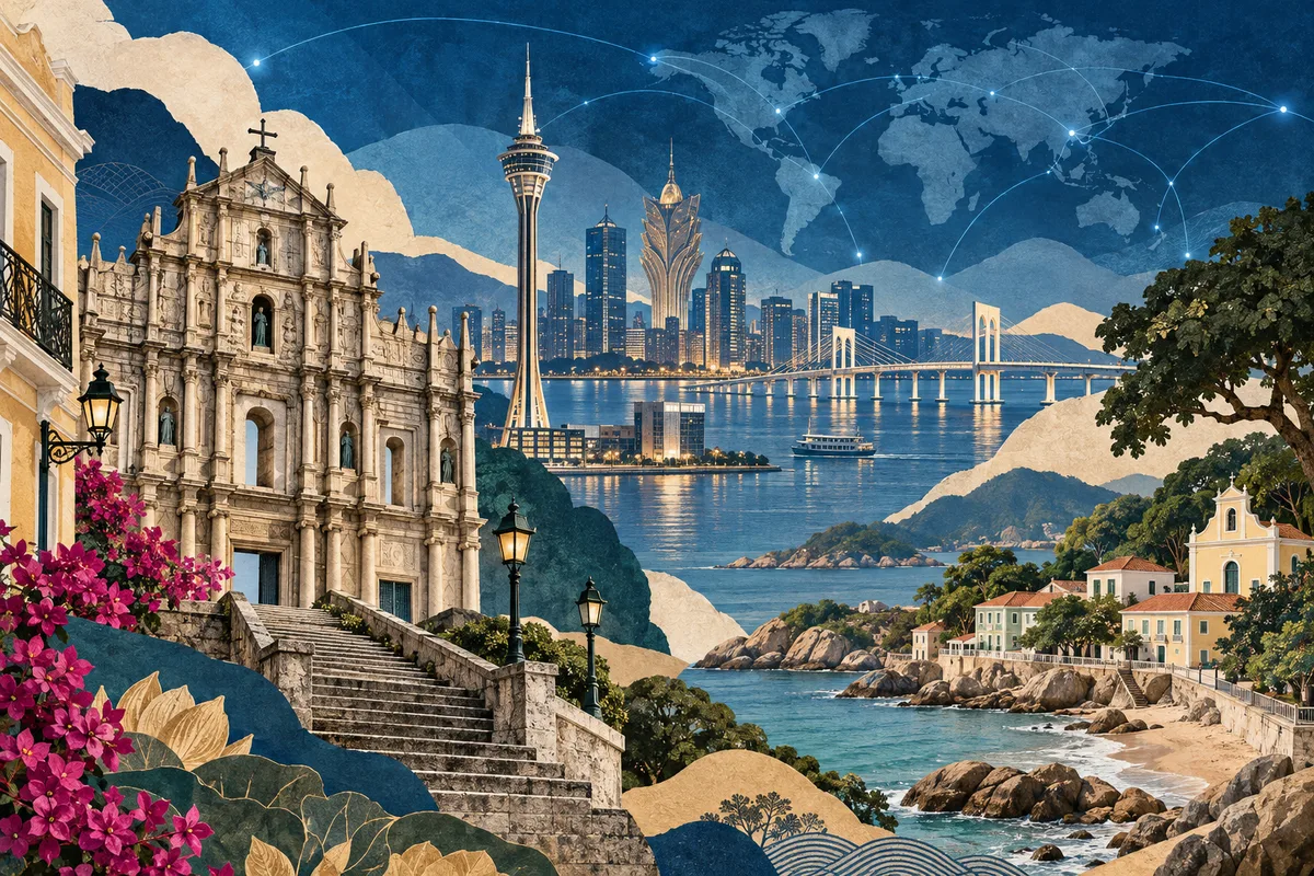 Illustrated collage of Macau, inspired by Ruins of Saint Paul's, Macau Tower, Coloane.