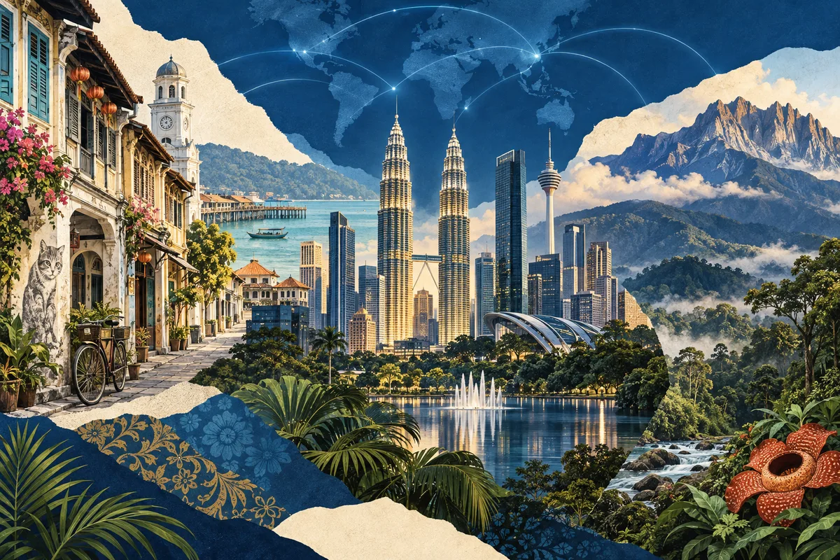 Illustrated collage of Malaysia, inspired by George Town, Penang, Kuala Lumpur, Mount Kinabalu.