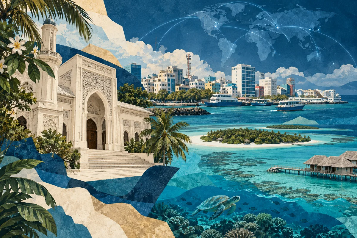 Illustrated collage of Maldives, inspired by Malé Friday Mosque, Malé, Maldives.