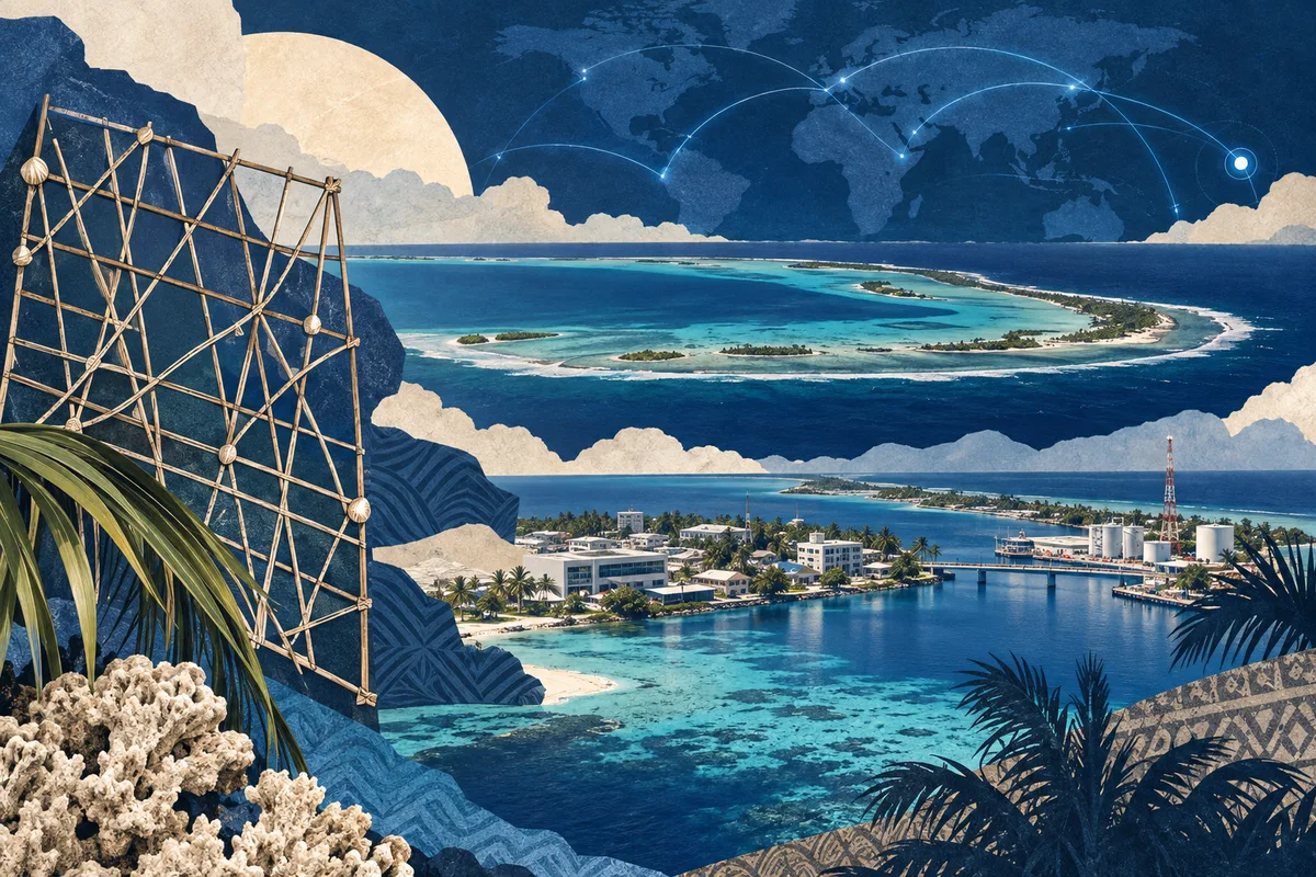 Illustrated collage of Marshall Islands, inspired by Marshall Islands stick chart, Majuro, Bikini Atoll.
