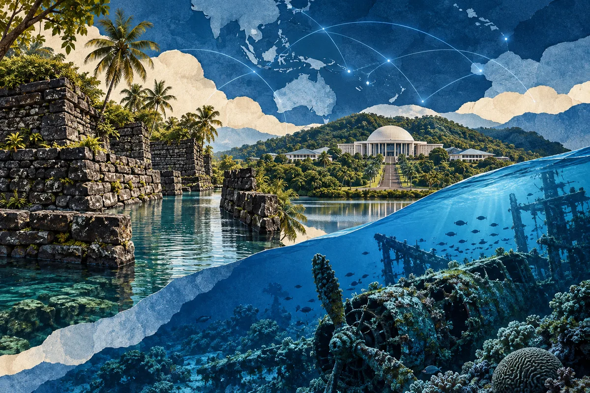 Illustrated collage of Micronesia, inspired by Nan Madol, Palikir, Chuuk Lagoon.