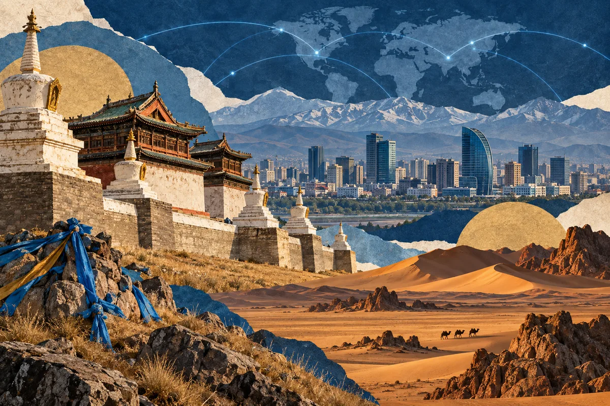 Illustrated collage of Mongolia, inspired by Erdene Zuu Monastery, Ulaanbaatar, Gobi Desert.