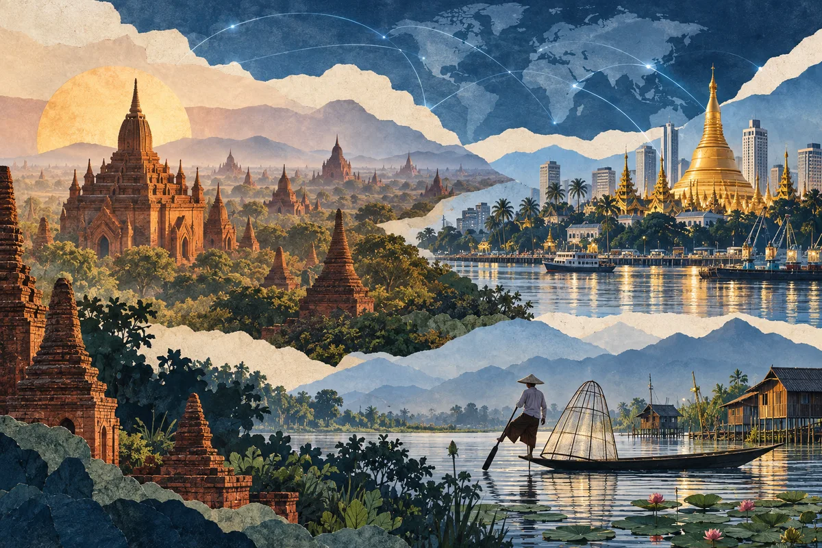 Illustrated collage of Myanmar, inspired by Bagan, Yangon, Inle Lake.