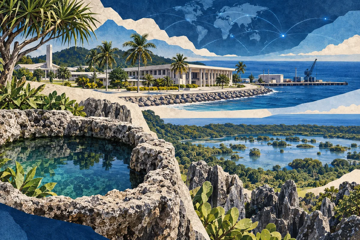Illustrated collage of Nauru, inspired by Moqua Well, Yaren District, Buada Lagoon.