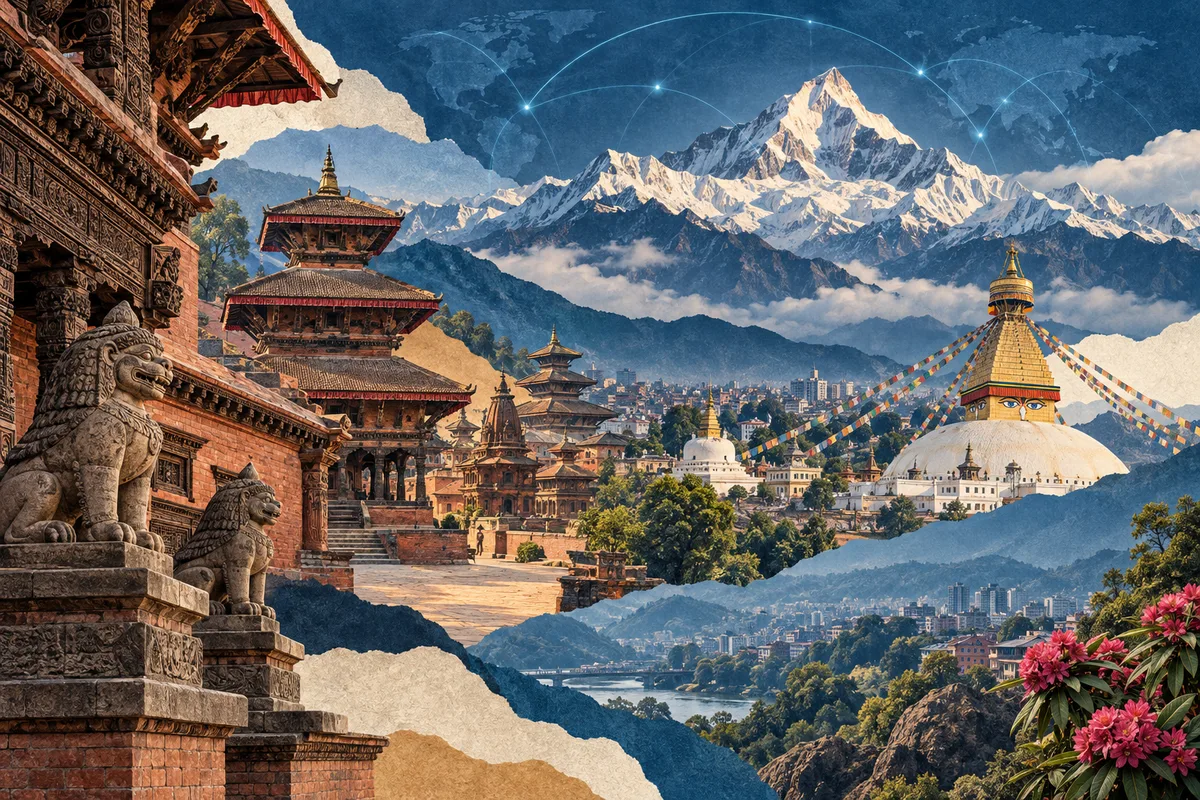 Illustrated collage of Nepal, inspired by Bhaktapur, Kathmandu, Annapurna.