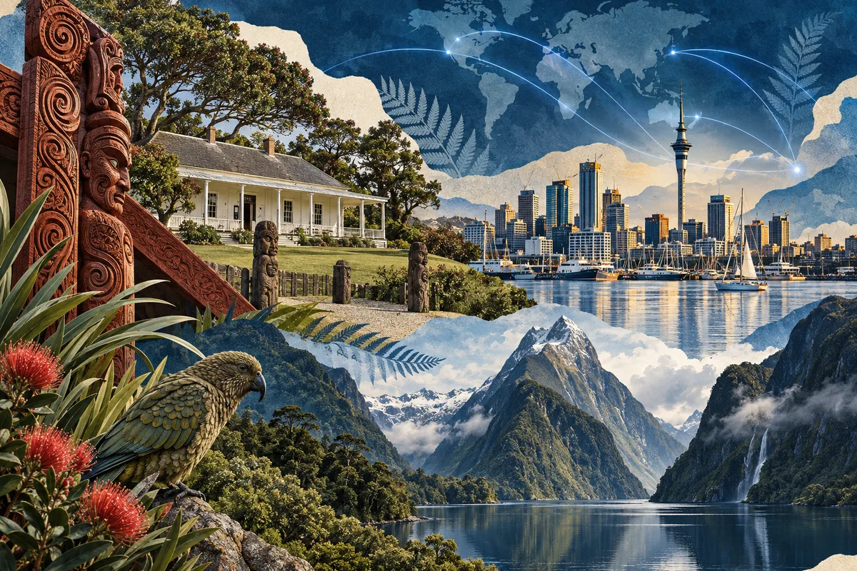 Illustrated collage of New Zealand, inspired by Waitangi Treaty Grounds, Auckland, Fiordland National Park.