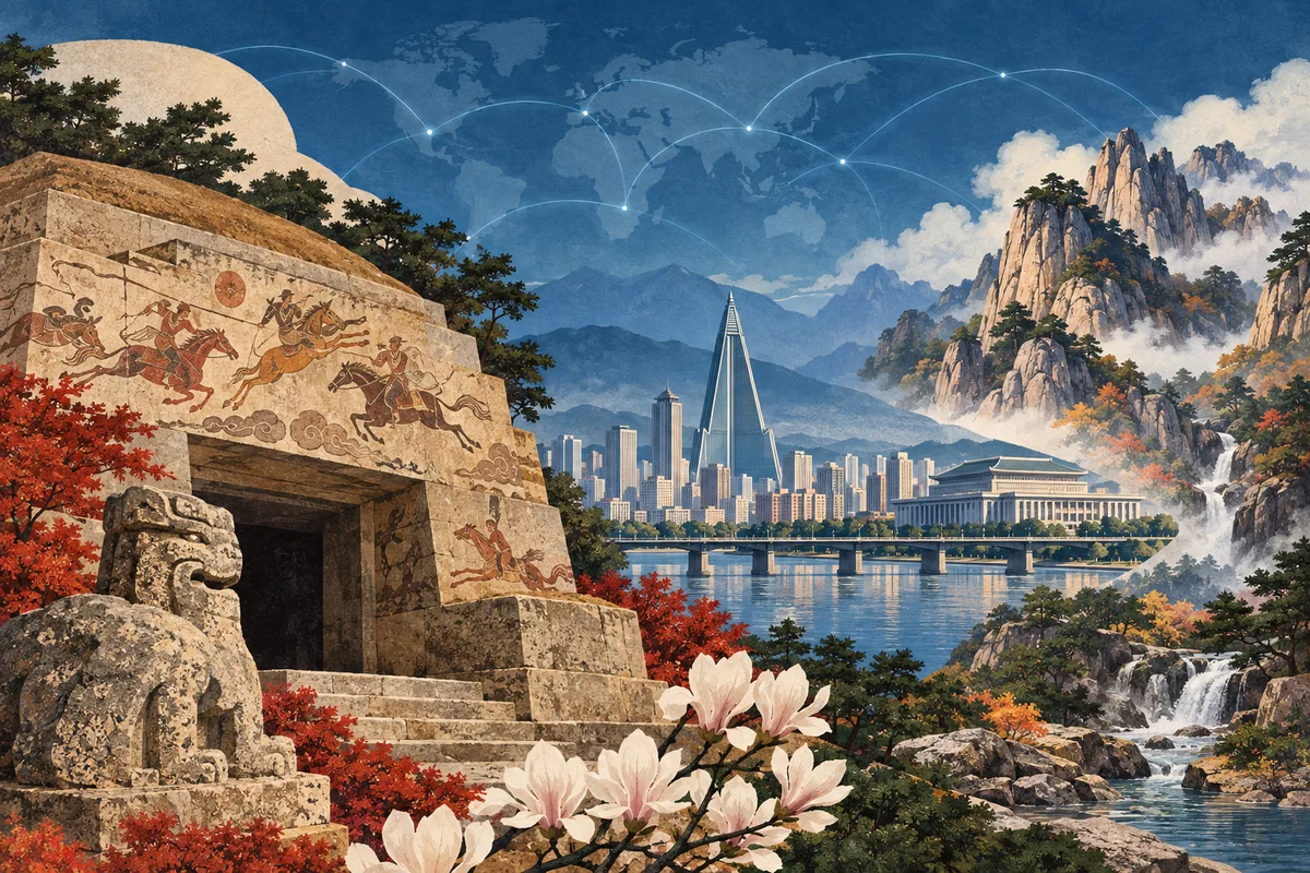 Illustrated collage of North Korea, inspired by Complex of Koguryo Tombs, Pyongyang, Mount Kumgang.