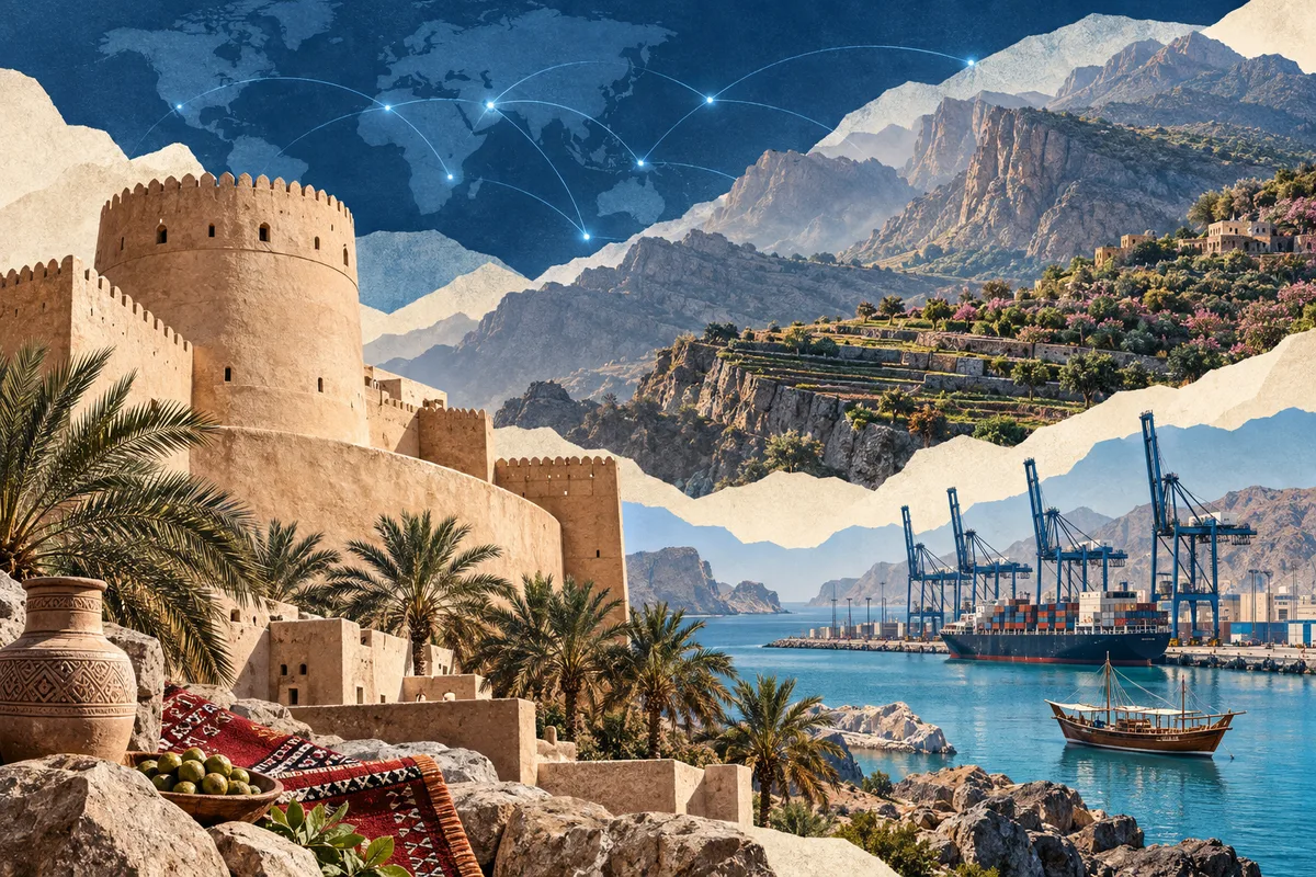 Illustrated collage of Oman, inspired by Nizwa Fort, Port of Salalah, Jebel Akhdar (Oman).