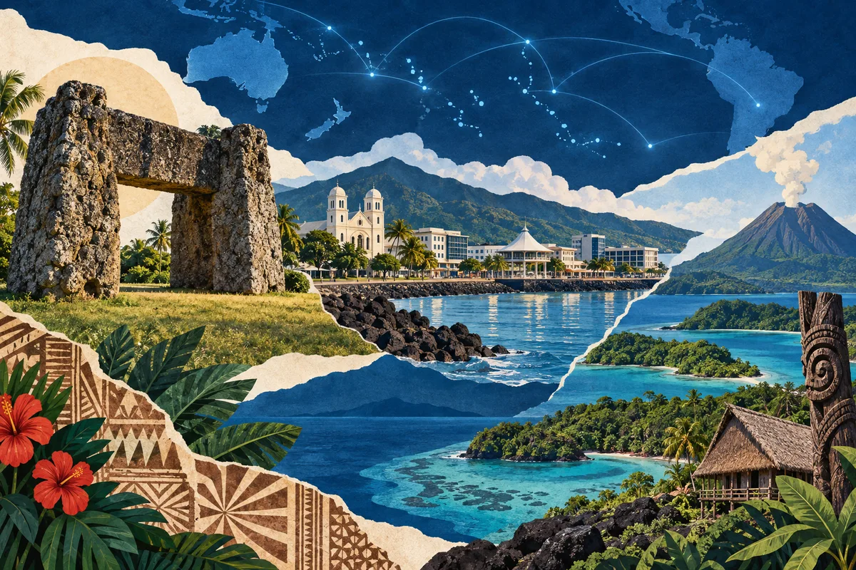 Illustrated collage of Pacific Islands, inspired by Haʻamonga ʻa Maui, Apia, Vanuatu.