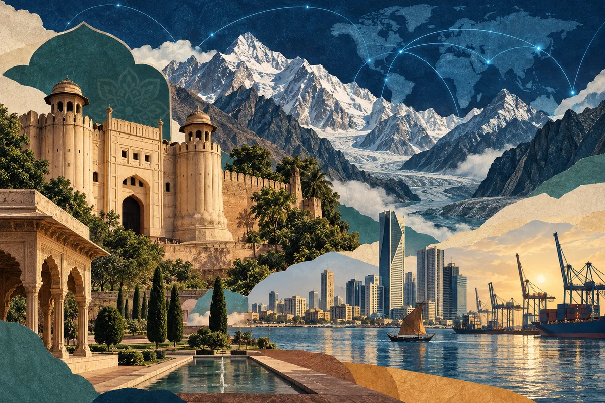 Illustrated collage of Pakistan, inspired by Lahore Fort, Karachi, Karakoram.