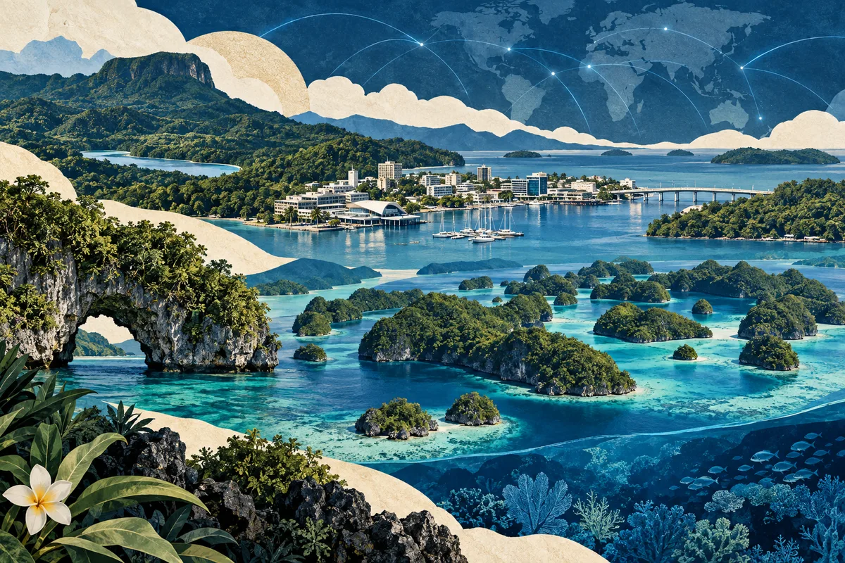 Illustrated collage of Palau, inspired by Babeldaob, Koror, Rock Islands.