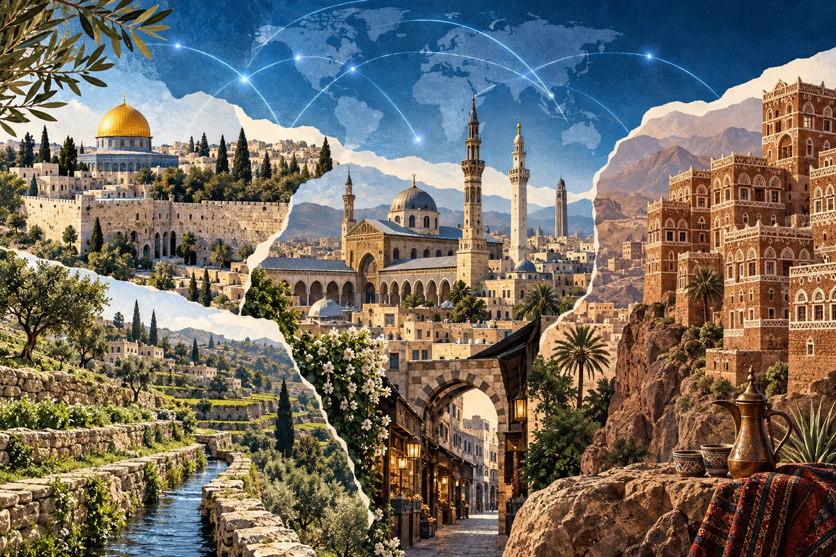 Illustrated portrait of Palestine, Syria and Yemen; geographic and cultural interpretation, not regulator premises.