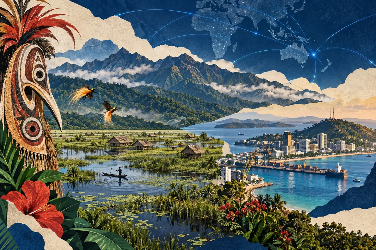 Illustrated collage of Papua New Guinea, inspired by Kuk Swamp, Port Moresby, Owen Stanley Range.