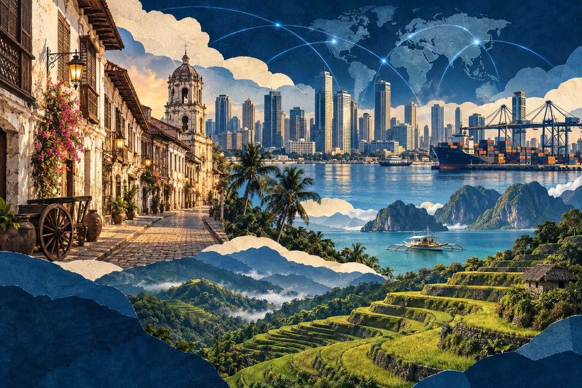Illustrated collage of Philippines, inspired by Vigan, Manila, Rice Terraces of the Philippine Cordilleras.