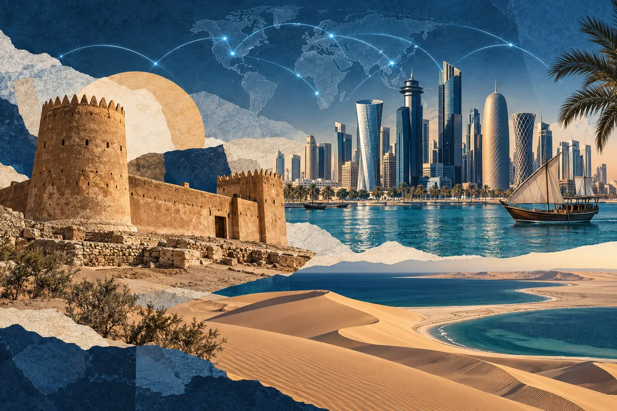 Illustrated collage of Qatar, inspired by Zubarah, Doha, Khor Al Adaid.