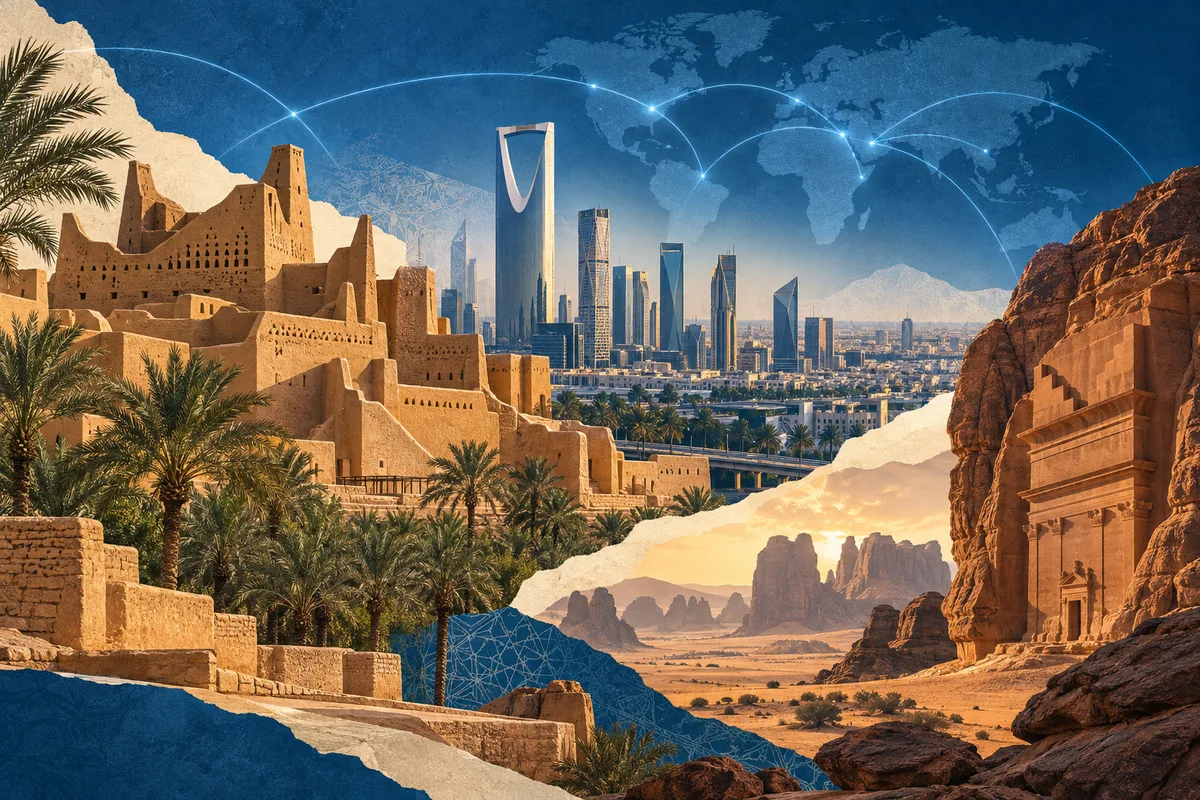 Illustrated collage of Saudi Arabia, inspired by Diriyah, Riyadh, Al-'Ula.