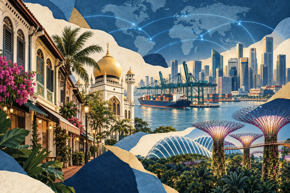 Illustrated collage of Singapore, inspired by Kampong Glam, Port of Singapore, Gardens by the Bay.