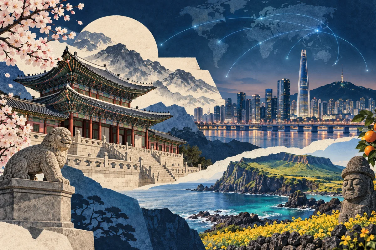 Illustrated collage of South Korea, inspired by Gyeongbokgung, Seoul, Jeju Island.