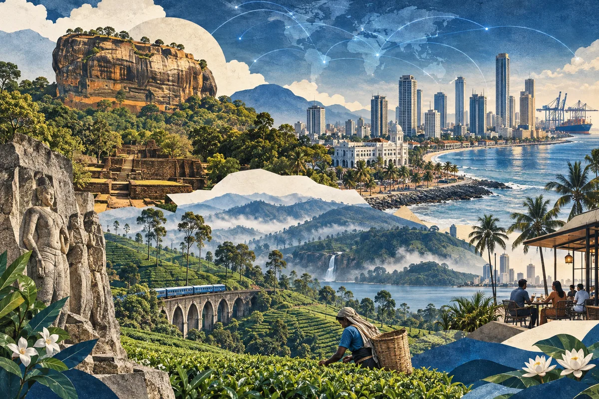 Illustrated collage of Sri Lanka, inspired by Sigiriya, Colombo, Central Highlands of Sri Lanka.