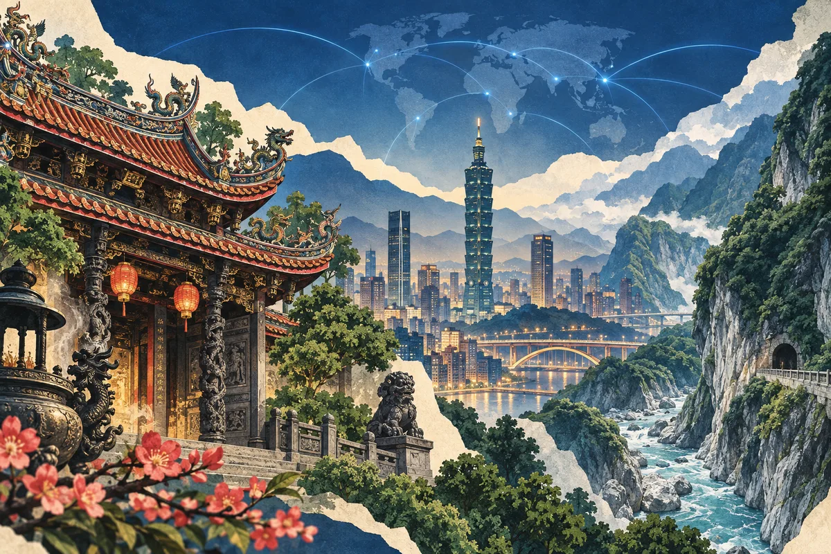 Illustrated collage of Taiwan, inspired by Longshan Temple (Taipei), Taipei, Taroko National Park.