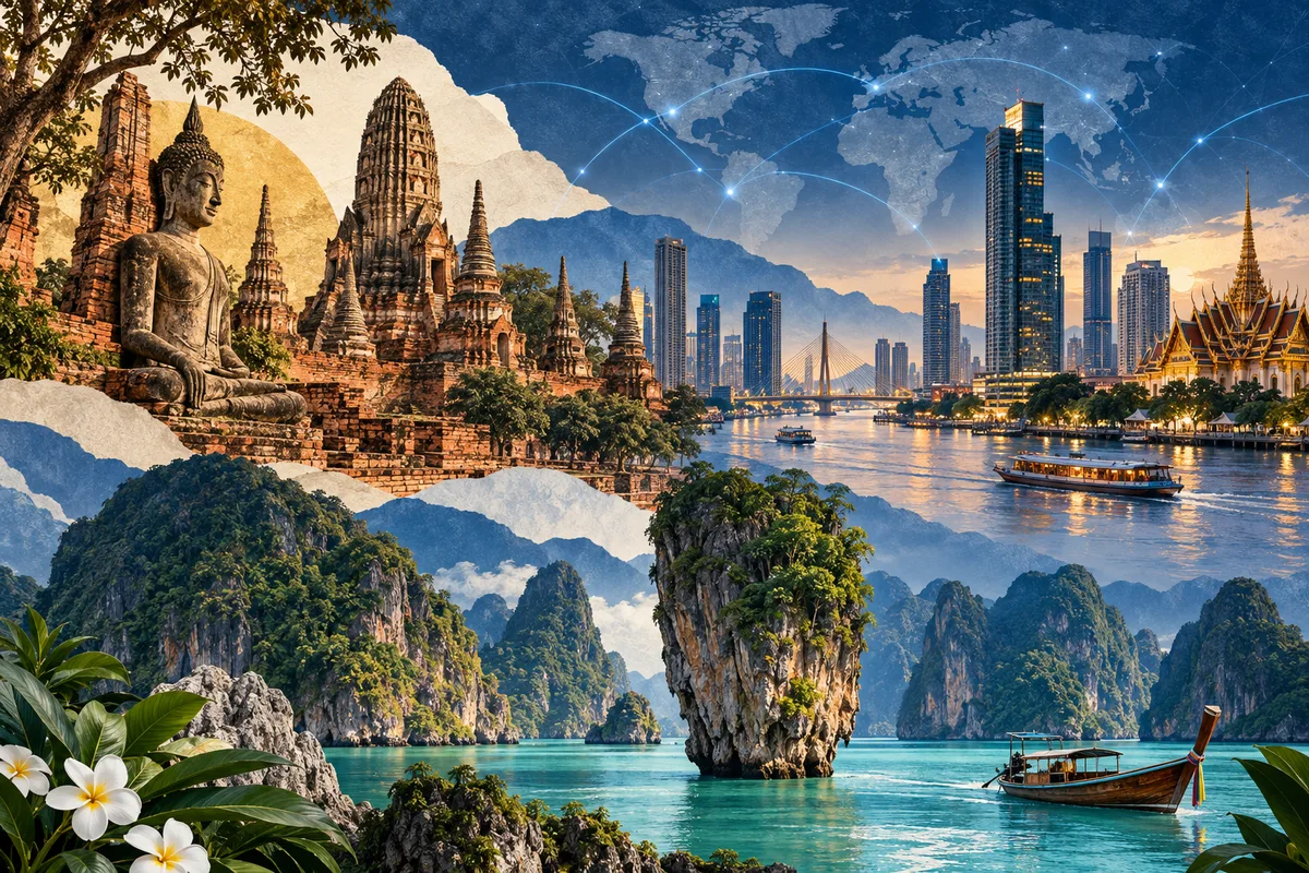 Illustrated collage of Thailand, inspired by Ayutthaya Historical Park, Bangkok, Phang Nga Bay.